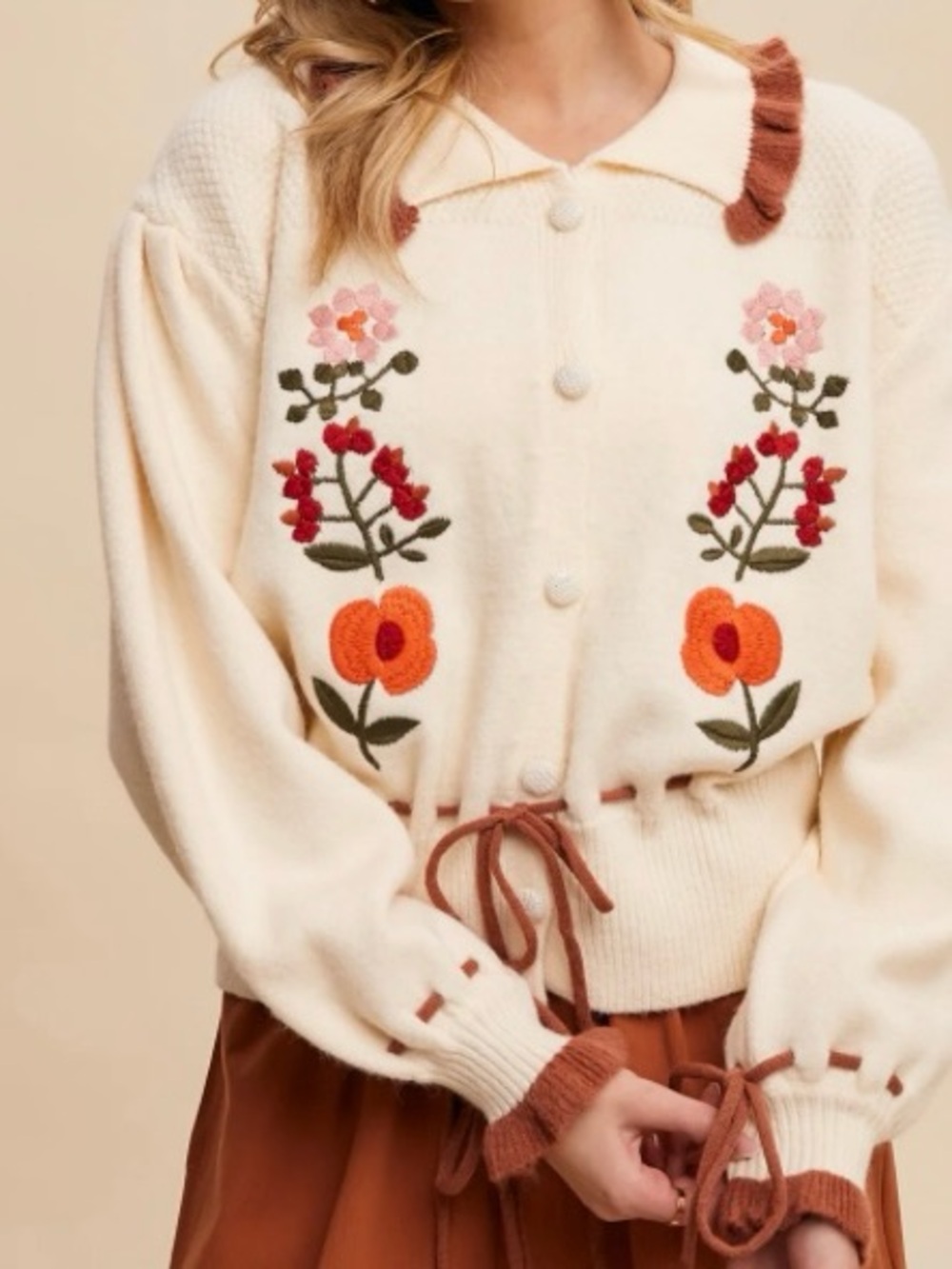 Listicle Ivory Floral Embroidered Knit Cardigan Sweater